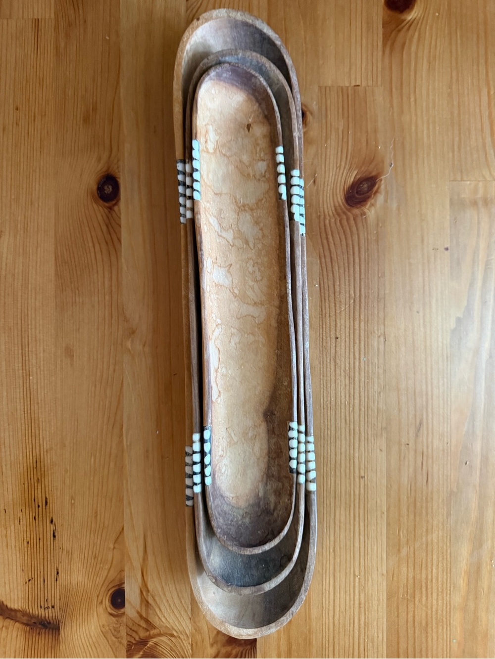 Decorative Wooden Dough Bowl, 3-Section Rustic Serving Tray with Inlay Details